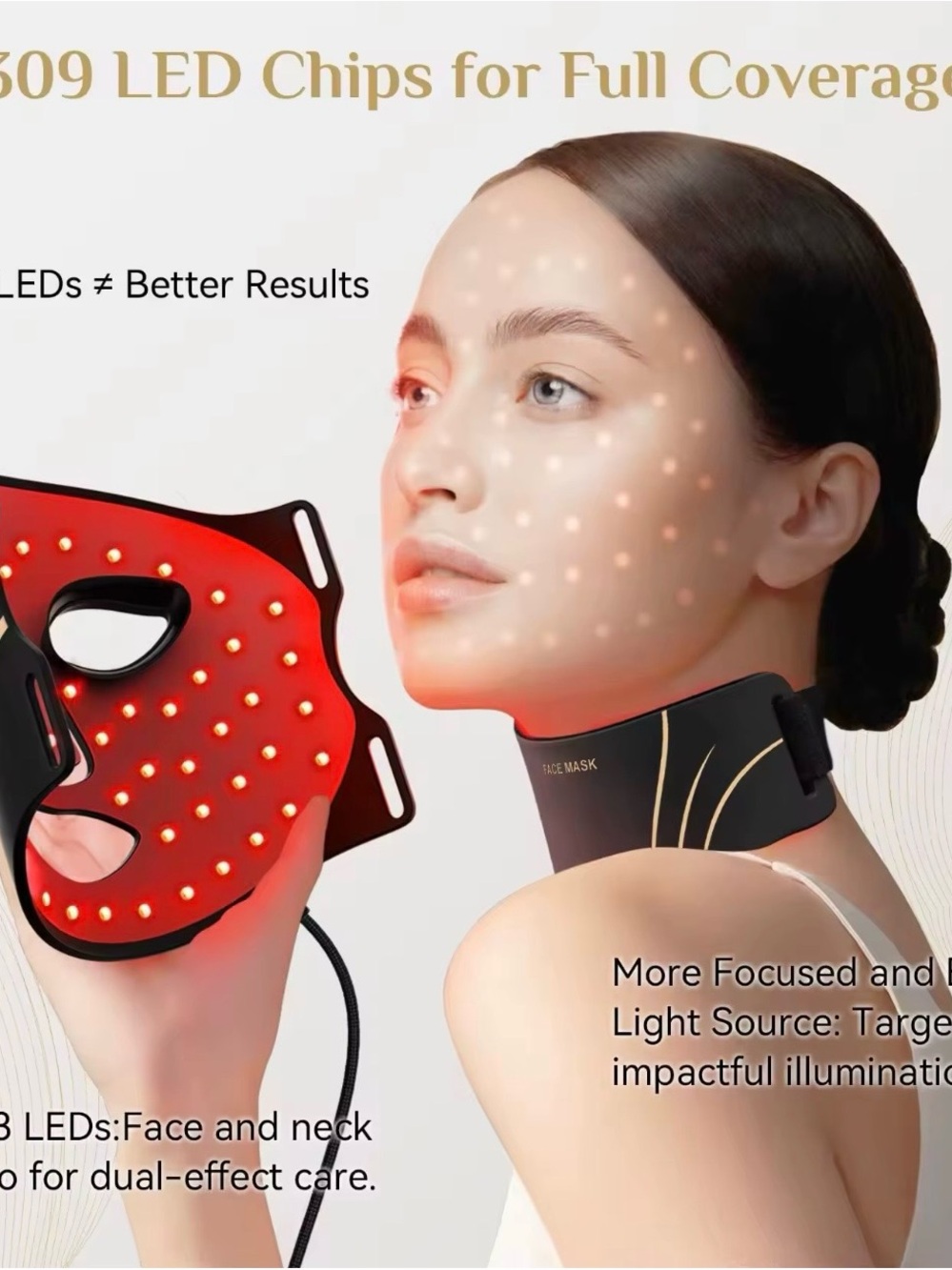 LED Light Therapy Face & Neck Mask - Black with Gold Accents New in Box - Picture 2 of 6